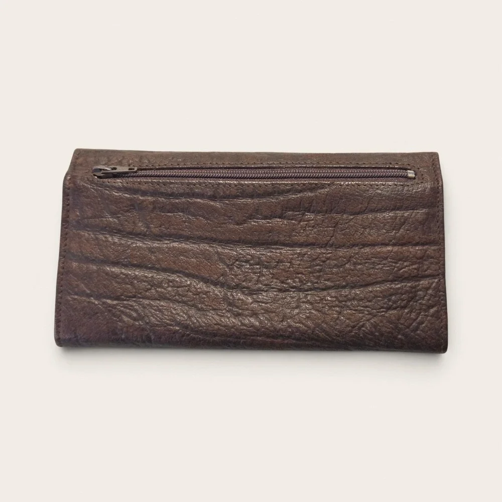 Busby Genuine African Buffalo Leather Trifold Wallet Brown Kiss Lock Clutch